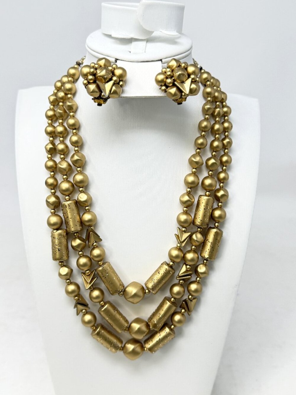 Vintage 1950s 60s Japan Gold Tone 3 Strand Beaded Necklace Earrings Set MCM